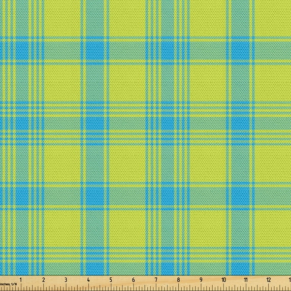 Ambesonne Yellow Plaid Fabric by the Yard Upholstery, Ombre Tartan Print, 3 Yards, Deep Sky Blue and Apple Green