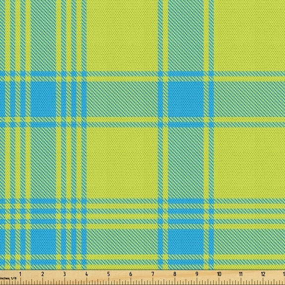 Ambesonne Yellow Plaid Fabric by the Yard Upholstery, Squares Modern Tartan, 3 Yards, Apple Green Sky Blue