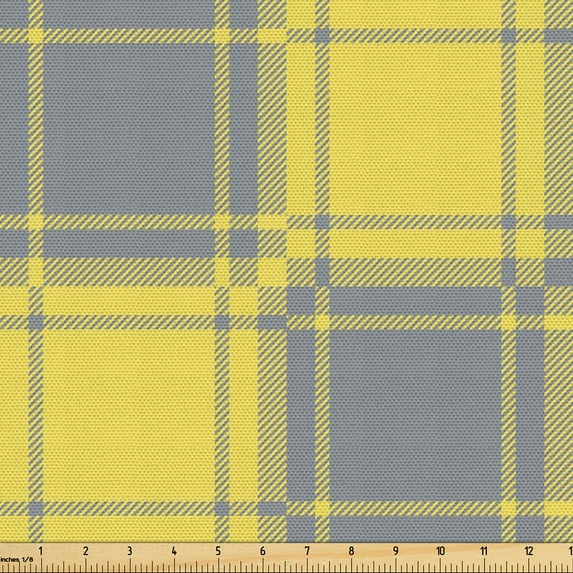 Ambesonne Yellow Plaid Fabric by the Yard Upholstery, Stripes Squares Print, 2 Yards, Mustard and Pale Slate Blue
