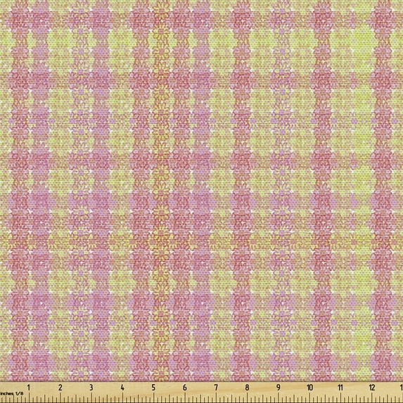 Ambesonne Yellow Plaid Fabric by the Yard Upholstery, Tartan Floral Vintage, 10 Yards, Pastel Pink and Avocado Green