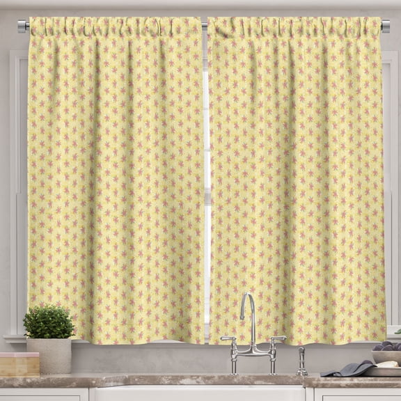 Ambesonne Yellow Plaid Kitchen Curtains, Flowers Rustic Print, 55"x39", Pale Rose Green White