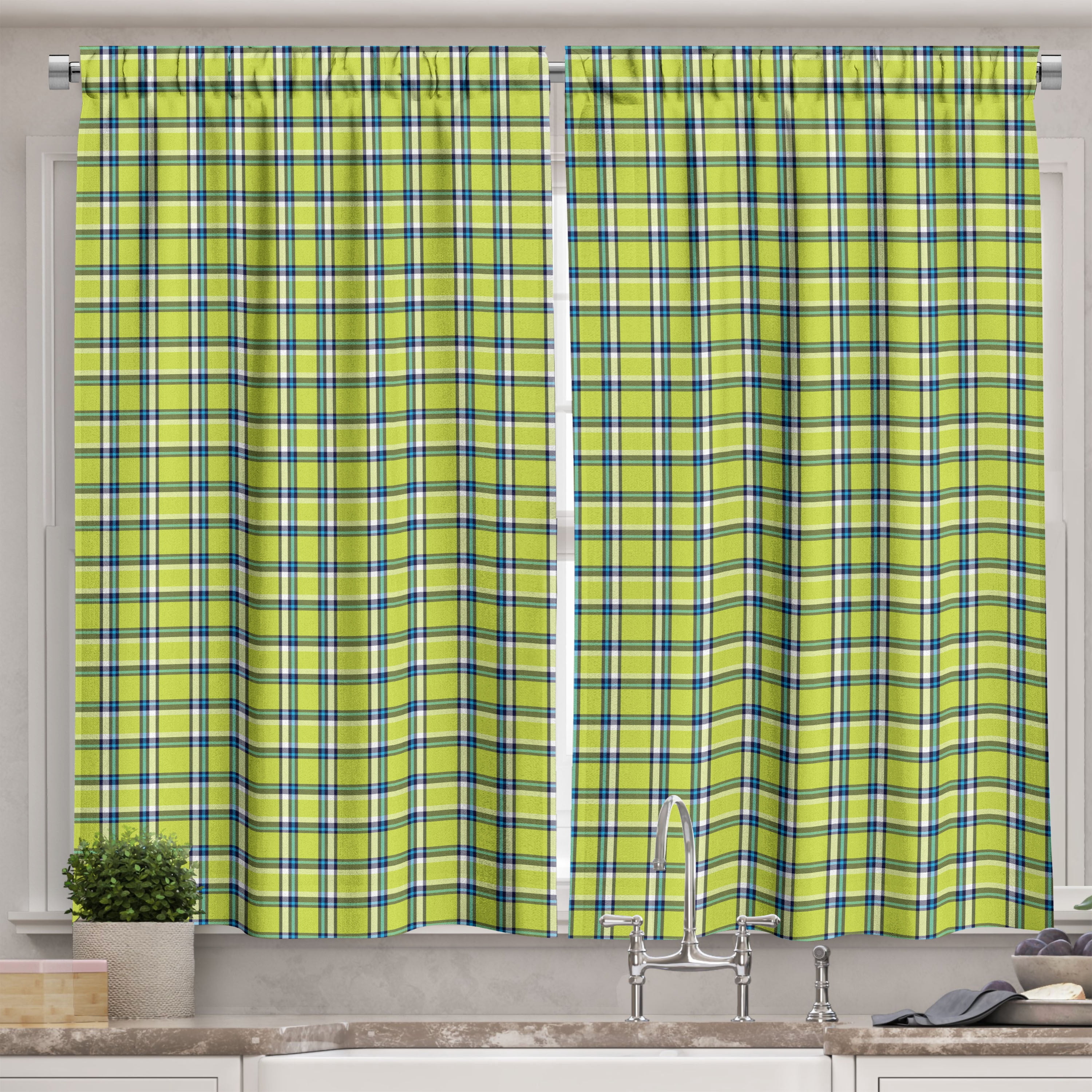 Ambesonne Yellow Plaid Kitchen Curtains, Minimalist Tartan Plot, 55"x30