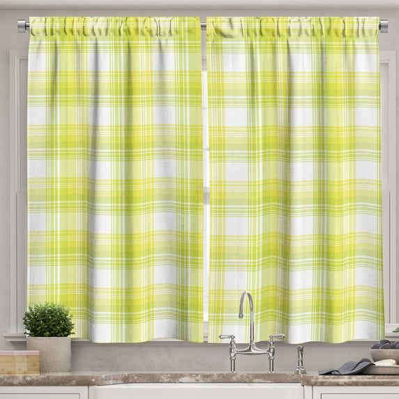 Ambesonne Yellow Plaid Kitchen Curtains, Ombre Lines Squares, 55"x30", Mustard White Apple Green