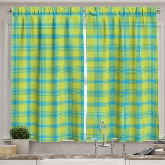 Ambesonne Yellow Plaid Kitchen Curtains, Squares Modern Tartan, 55"x36", Apple Green Sky Blue