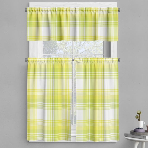 Ambesonne Yellow Plaid Valance & Curtain, Ombre Lines Squares, 55"x30", Mustard White Apple Green