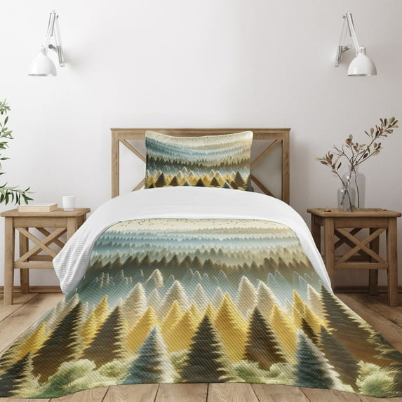 Ambesonne Yellow Quilted Bedspread Set 2 Pcs, Fantasy Sunrise Woods Print, Twin Size, Soft Blue Emerald and Mustard
