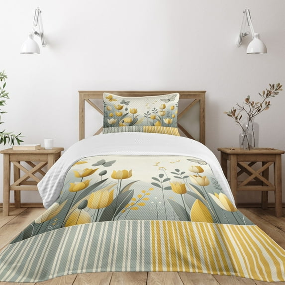 Ambesonne Yellow Quilted Bedspread Set 2 Pcs, Modern Scandi Garden Scene, Twin Size, Apricot Purpleblue Beige
