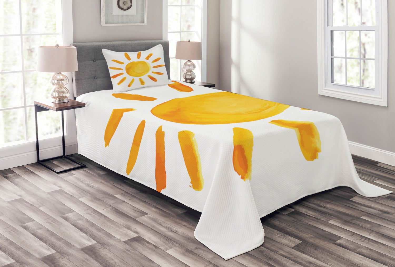White and Yellow Sun Design Twin Quilted Bedspread Set
