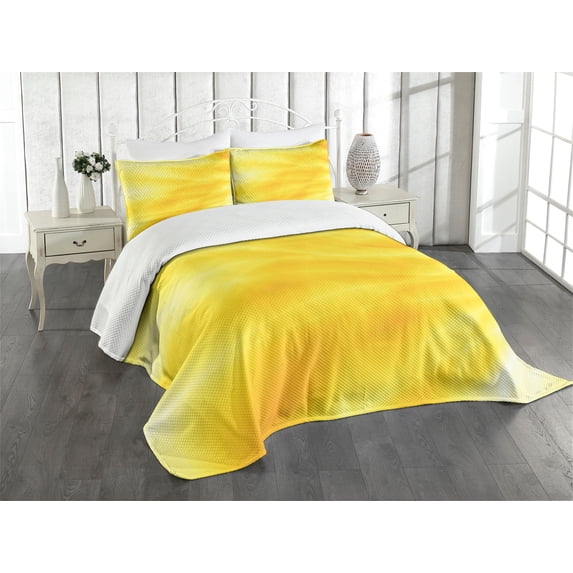 Ambesonne Yellow Quilted Bedspread Set 3 Pcs, Abstract Summer Sun, Queen Size, Yellow