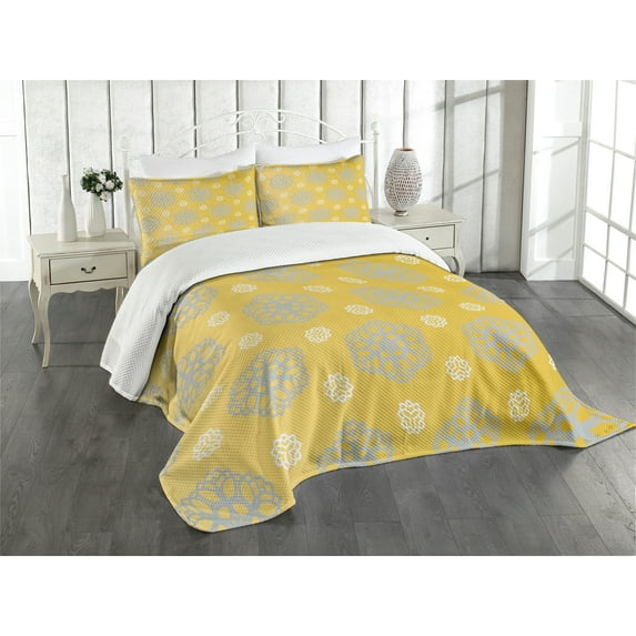 Ambesonne Yellow Quilted Bedspread Set 3 Pcs, Bohemic Flowers, King Size, Blue Grey Marigold
