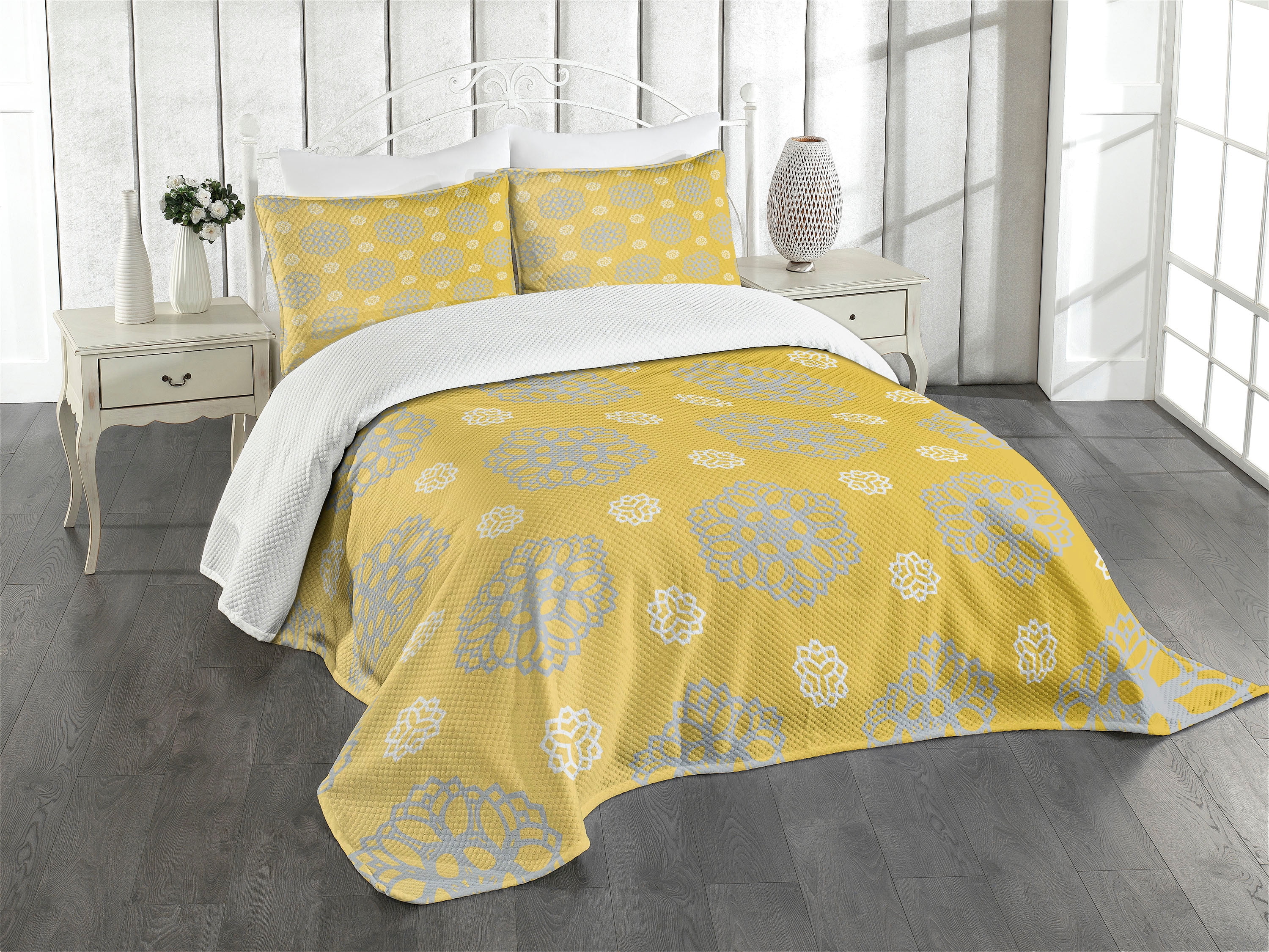 Yellow and Gray Quilted Queen Bedspread Set with Pillow Shams