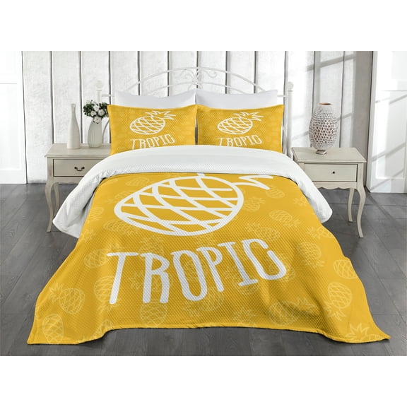 Ambesonne Yellow Quilted Bedspread Set 3 Pcs, Exotic Pineapple Summer, King Size, Yellow White