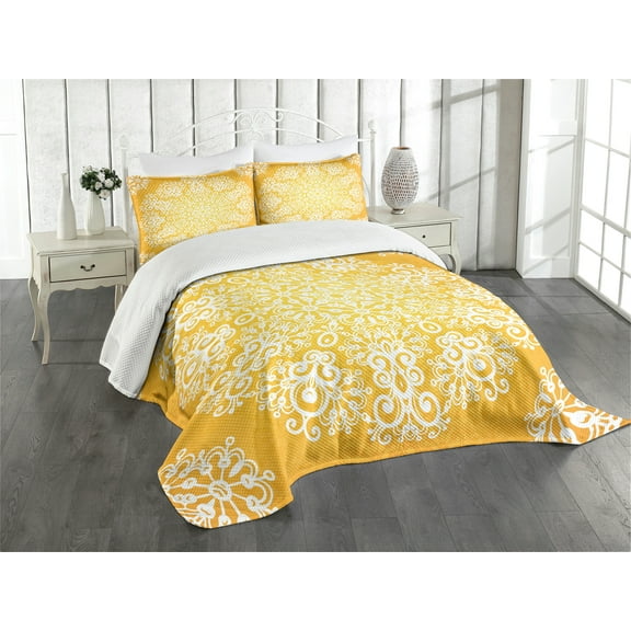 Ambesonne Yellow Quilted Bedspread Set 3 Pcs, Floral Snowflakes, King Size, Yellow and White