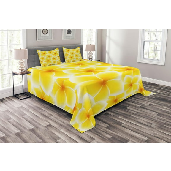 Ambesonne Yellow Quilted Bedspread Set 3 Pcs, Plumeria Flower Blossoms, Queen Size, Yellow and White
