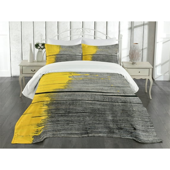 Ambesonne Yellow Quilted Bedspread Set 3 Pcs, Vintage Wooden Board, Queen Size, Yellow Grey