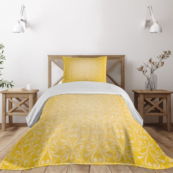 Ambesonne Yellow Quilted Coverlet 2 Pcs, Floral Victorian Retro, Twin Size, Yellow