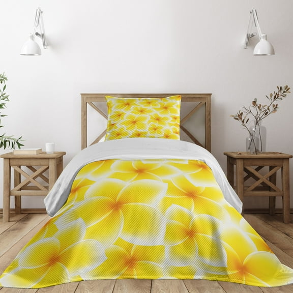 Ambesonne Yellow Quilted Coverlet 2 Pcs, Plumeria Flower Blossoms, Twin Size, Yellow and White