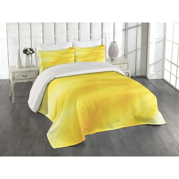 Ambesonne Yellow Quilted Coverlet 3 Pcs, Abstract Summer Sun, King Size, Yellow