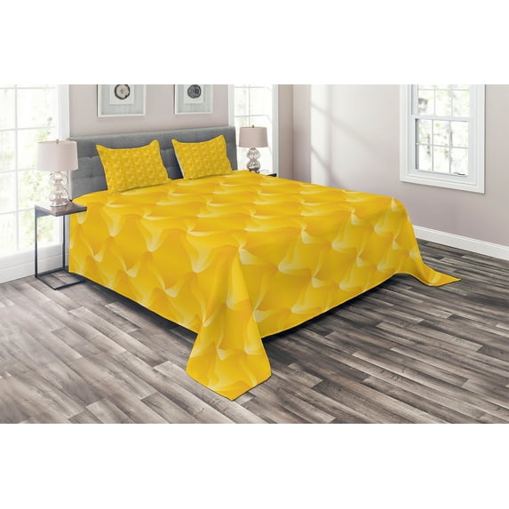 Ambesonne Yellow Quilted Coverlet 3 Pcs, Lines and Swirling Motifs, Queen Size, Yellow
