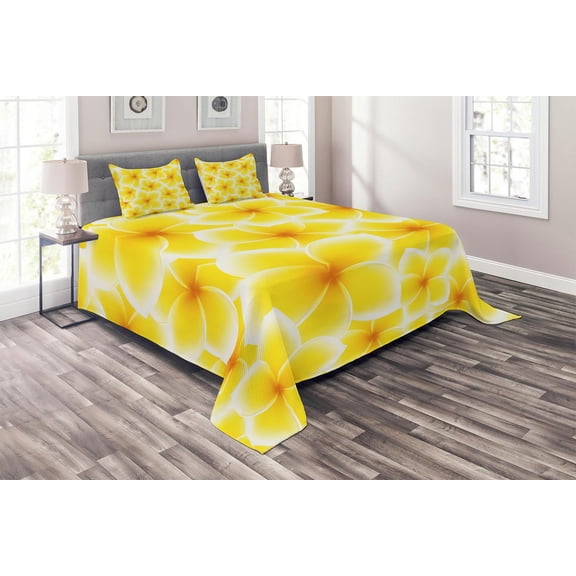 Ambesonne Yellow Quilted Coverlet 3 Pcs, Plumeria Flower Blossoms, Queen Size, Yellow and White