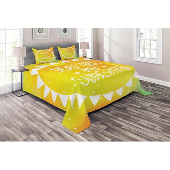 Ambesonne Yellow Quilted Coverlet 3 Pcs, Sun Love Art, King Size, Yellow