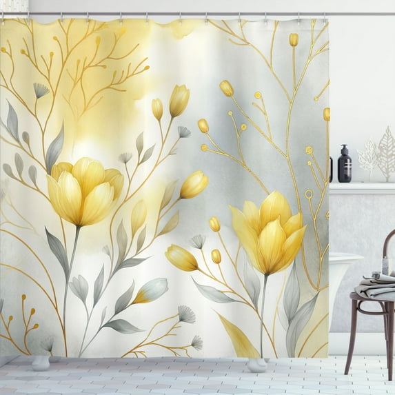 Ambesonne Yellow Shower Curtain, Autumnal Flowery Leaves Art, 69"Wx84"L, Dark Sea Green Mustard