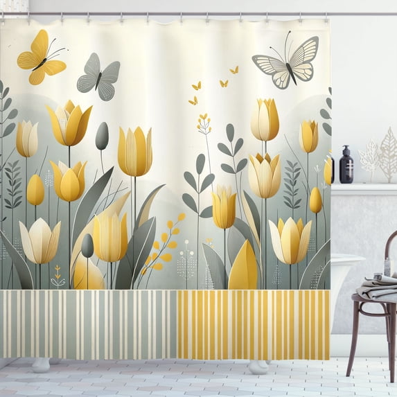 Ambesonne Yellow Shower Curtain, Modern Scandi Garden Scene, 69"Wx84"L, Apricot Purpleblue Beige