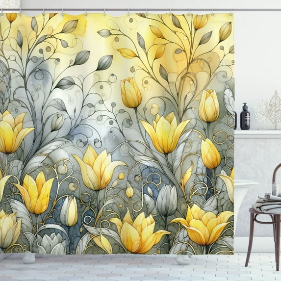 Ambesonne Yellow Shower Curtain, Nostalgia Feel Tulips Leaves, 69"Wx70"L, Purpleblue Mustard Grey