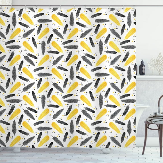 Ambesonne Yellow Shower Curtain, Watercolor Boho Feathers Art, 69"Wx75"L, Mustard Black and Grey