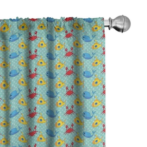 Ambesonne Yellow Submarine Curtains, Whales Crabs, Pair of 28"x63", Aqua and Mustard