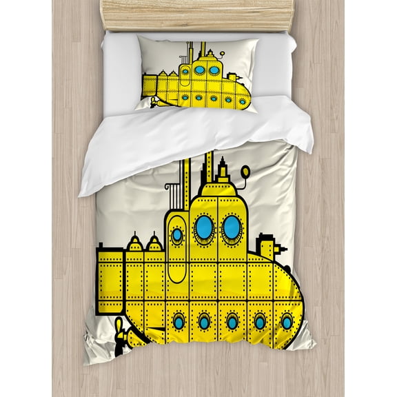 Ambesonne Yellow Submarine Duvet Cover Set, Grunge Style, Twin, Grey Yellow Blue