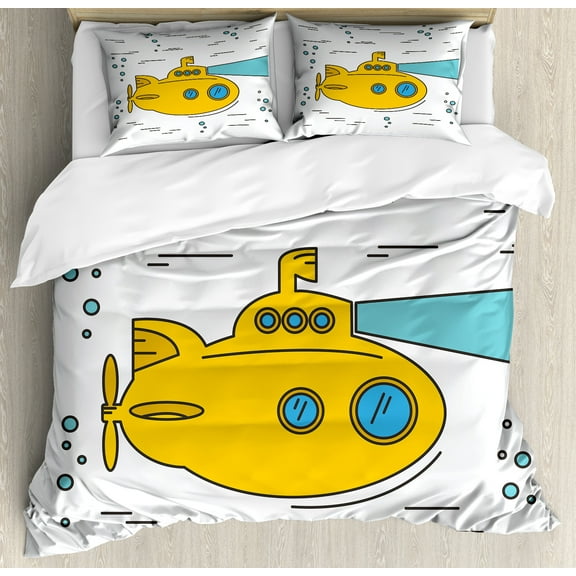 Ambesonne Yellow Submarine Duvet Cover Set, Ocean Bubbles, Calking, White Yellow Blue