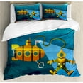 thumbnail image 1 of Ambesonne Yellow Submarine Duvet Cover Sets, Diver Dolphins, 2-Queen, Petrol Blue and Ginger, 1 of 7