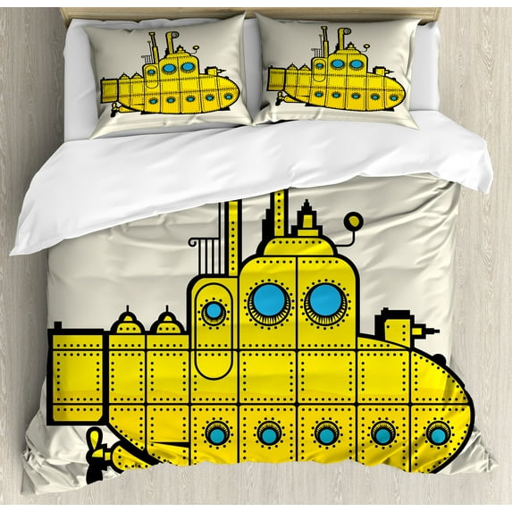 Ambesonne Yellow Submarine Duvet Cover Sets, Grunge Style, 2-King, Grey Yellow Blue