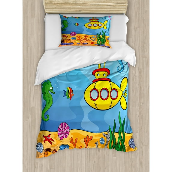 Ambesonne Yellow Submarine Duvet Cover Sets, Submarine Seahorse, 2-Twin, Marigold and Aqua
