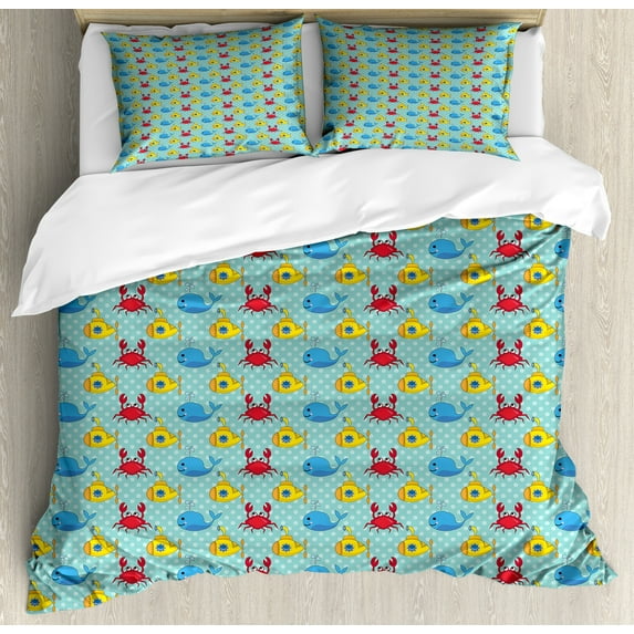 Ambesonne Yellow Submarine Duvet Cover Sets, Whales Crabs, 2-Queen, Aqua and Mustard