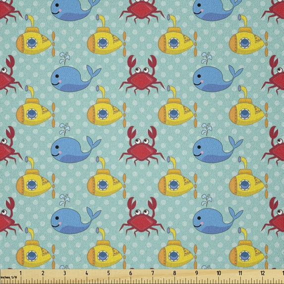 Ambesonne Yellow Submarine Fabric by the Yard Microfiber, Whales Crabs, 2 Yards, Aqua and Mustard