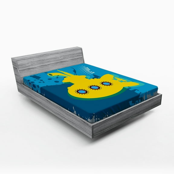 Ambesonne Yellow Submarine Fitted Sheet, Bubbles Ocean, Queen Size, Mustard and Petrol Blue