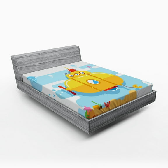 Ambesonne Yellow Submarine Fitted Sheet, Crab Starfish, Full Size, Blue Earth Yellow