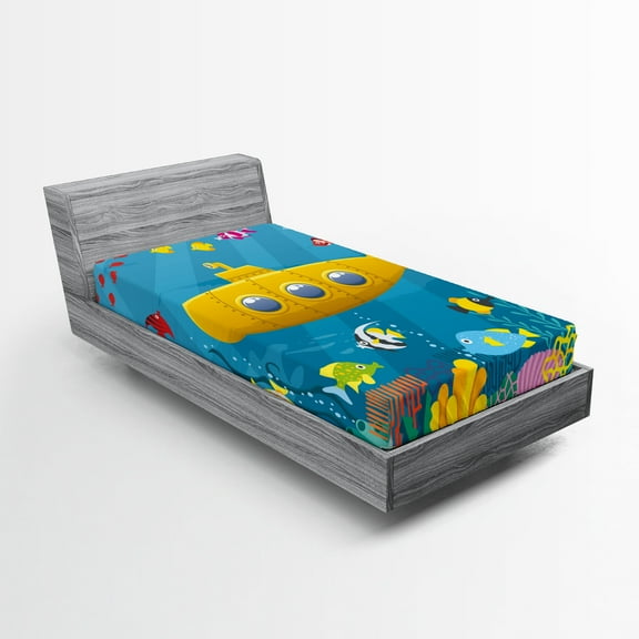 Ambesonne Yellow Submarine Fitted Sheet, Marine Coral Reef, Twin Size, Blue Yellow Pink