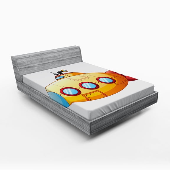Ambesonne Yellow Submarine Fitted Sheet, Sea Cartoon, Queen Size, Orange and Yellow