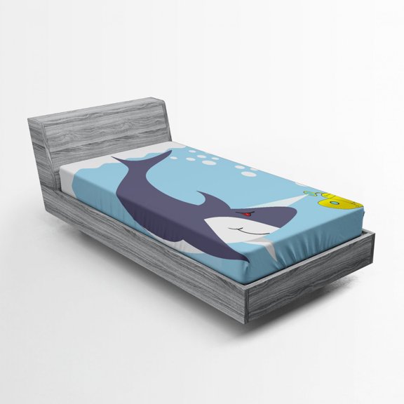 Ambesonne Yellow Submarine Fitted Sheet, Shark Bubbles, Twin Size, Blue Grey Yellow