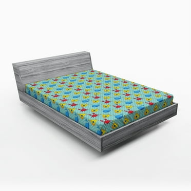 Ambesonne Yellow Submarine Fitted Sheet, Whales Crabs, Full Size, Aqua and Mustard