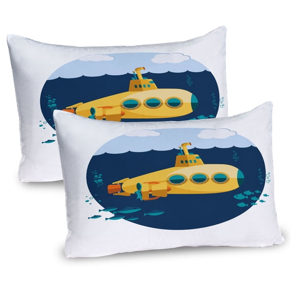 Ambesonne Yellow Submarine Pillow Sham 2 Pack, Sea Fish Cloud, 30"x20", Earth Yellow Navy Blue