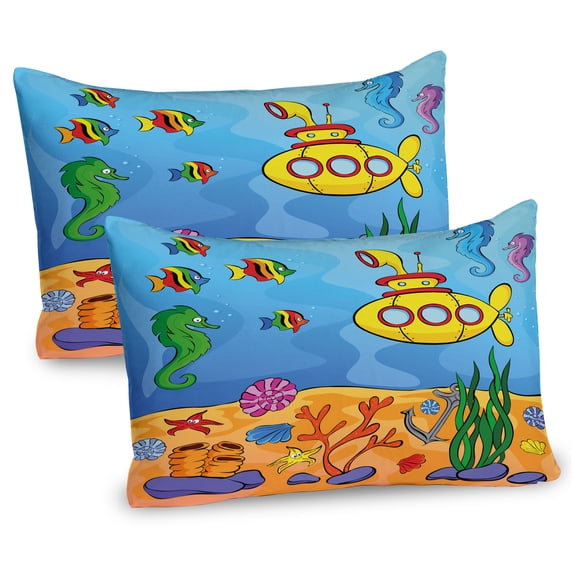 Ambesonne Yellow Submarine Pillow Sham 2 Pack, Submarine Seahorse, 30"x20", Marigold and Aqua