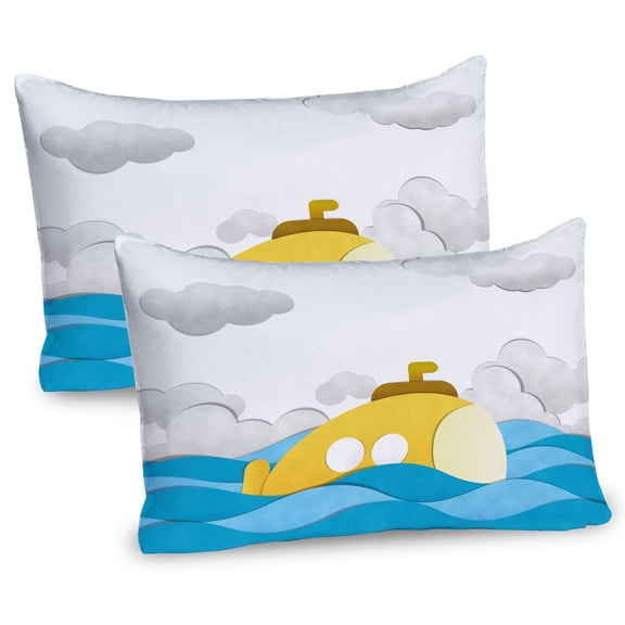 Ambesonne Yellow Submarine Pillow Sham 2 Pack, Wavy Sea Sky, 30"x20", Mustard and Blue