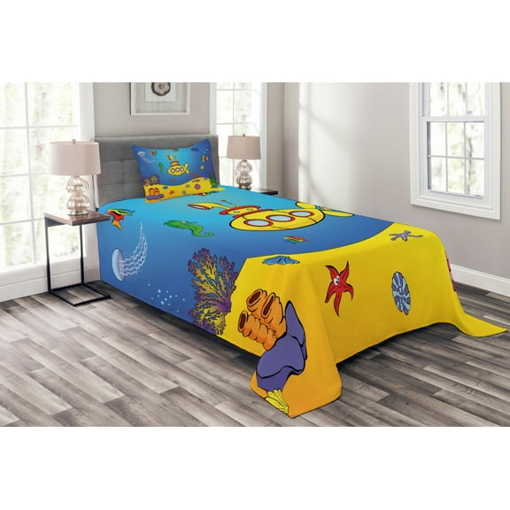 Ambesonne Yellow Submarine Quilted Bedspread Set 2 Pcs, Nautical, Twin Size, Blue Yellow