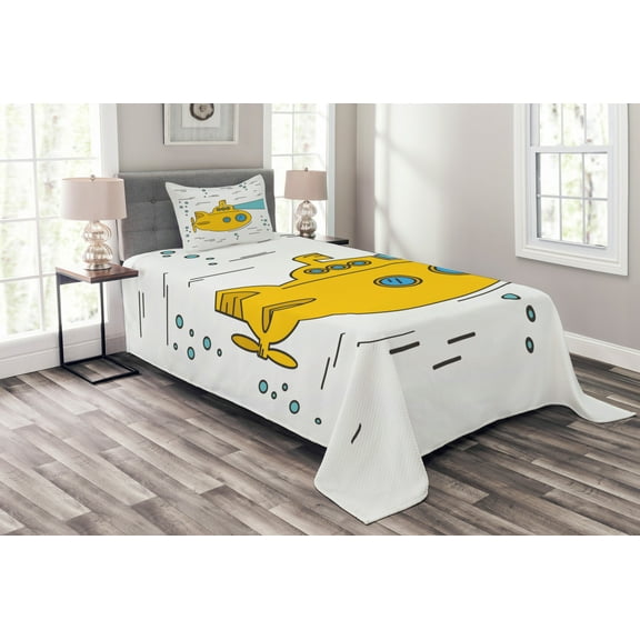 Ambesonne Yellow Submarine Quilted Bedspread Set 2 Pcs, Ocean Bubbles, Twin Size, White Yellow Blue