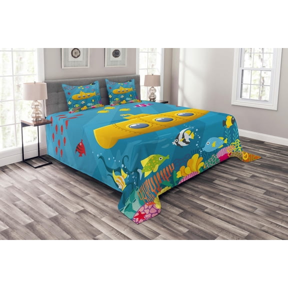 Ambesonne Yellow Submarine Quilted Bedspread Set 3 Pcs, Marine Coral Reef, King Size, Blue Yellow Pink