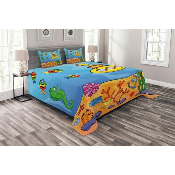Ambesonne Yellow Submarine Quilted Bedspread Set 3 Pcs, Submarine Seahorse, Queen Size, Marigold and Aqua